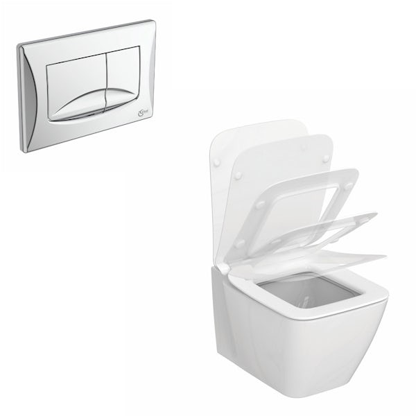 Ideal Standard Strada II wall hung toilet with soft close seat and wall mounting frame with push plate cistern