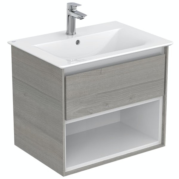 Ideal Standard Concept Air wood light grey and matt white open wall hung vanity unit and basin 600mm with free tap