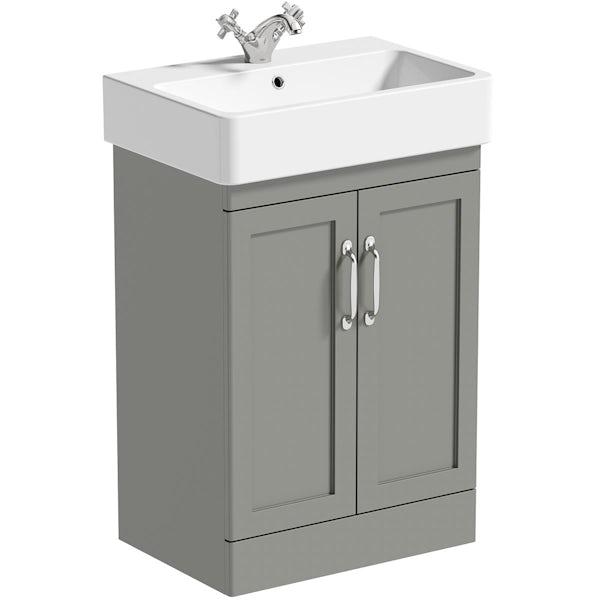 The Bath Co. Aylesford pebble grey floorstanding vanity unit and ceramic basin 575mm with tap