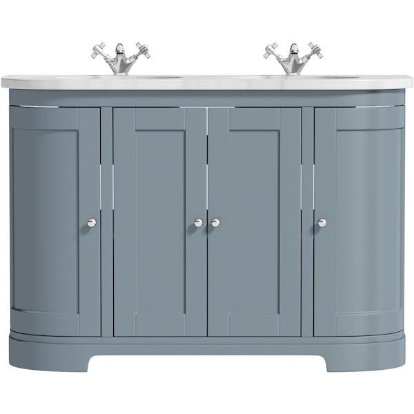 The Bath Co. Aylesford mineral blue curved double vanity unit and basin 1200mm with carrara marble worktop