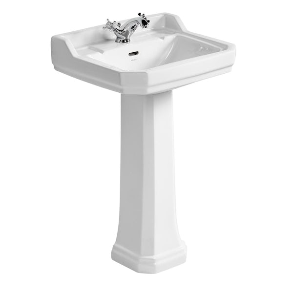 Ideal Standard Waverley low level toilet with mahogany seat and 1 tap hole full pedestal basin