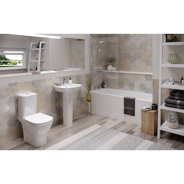 Ideal Standard Tesi complete bathroom suite with straight bath, angle bathscreen, taps, panel and waste