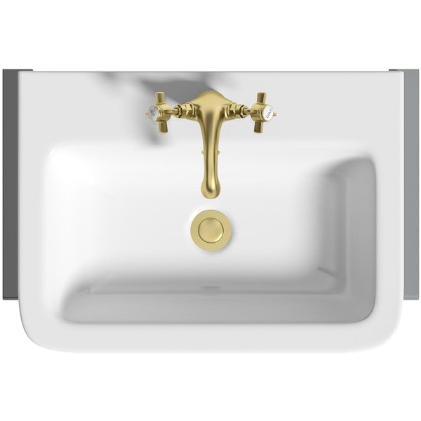 Orchard Dulwich stone grey floorstanding vanity unit and semi recessed basin 600mm - brushed brass