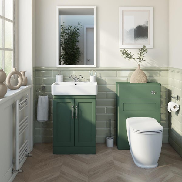 The Bath Co. Aylesford nordic green floorstanding vanity unit and ceramic basin 575mm with tap