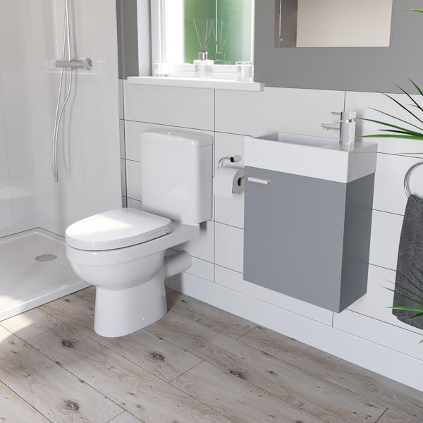 Clarity Compact white and satin grey wall hung cloakroom suite with contemporary close coupled toilet