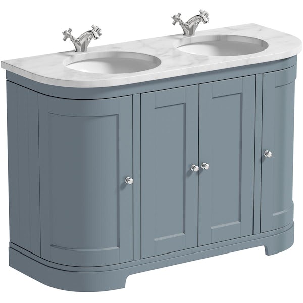 The Bath Co. Aylesford mineral blue curved double vanity unit and basin 1200mm with carrara marble worktop
