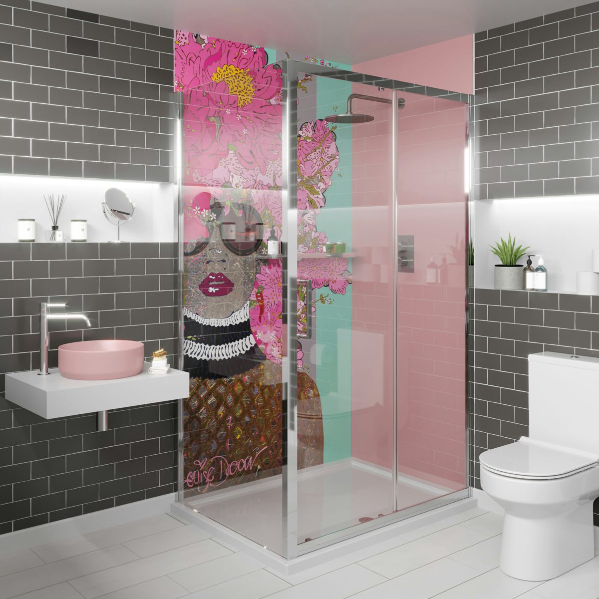 Louise Dear Kiss Kiss Bam Bam Light Pink acrylic shower wall panel pack with rectangular enclosure