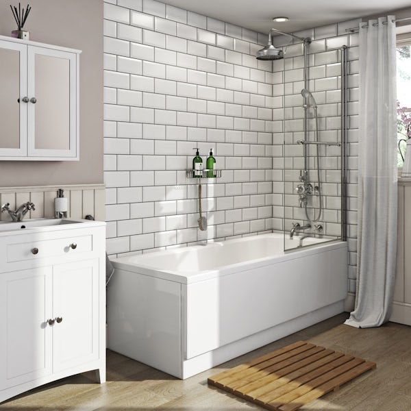 The Bath Co. traditional straight shower bath with 6mm Winchester shower screen and rail