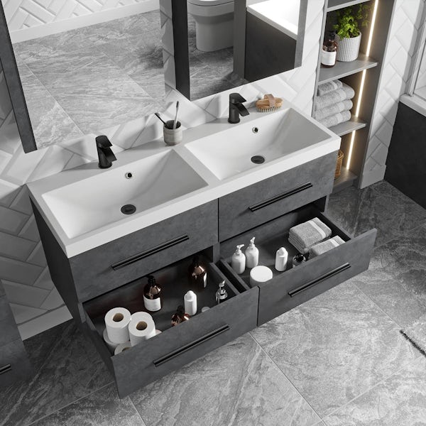 Orchard Kemp riven grey wall hung double vanity unit with black handles and basin 1200mm with taps