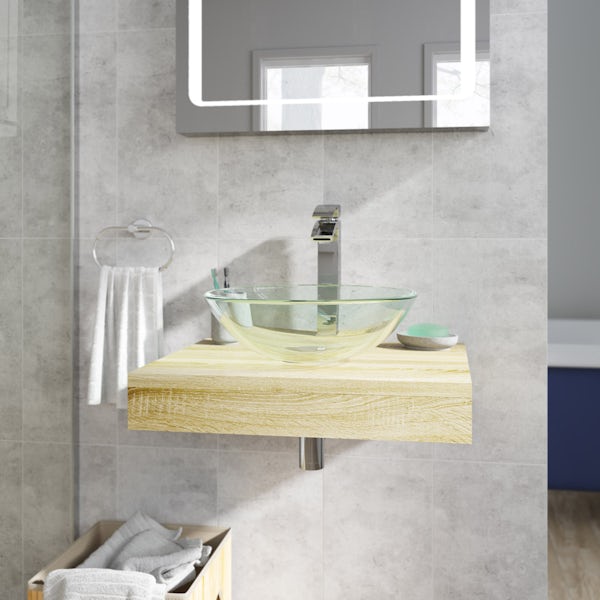 Mode Orion oak countertop shelf with Mackintosh basin, tap and waste