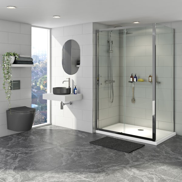 Mode Orion complete bathroom suite with contemporary charcoal grey wall hung toilet and chrome shower enclosure