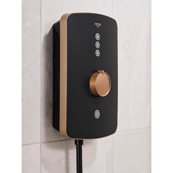 Triton Amala matt black electric shower with brushed copper details