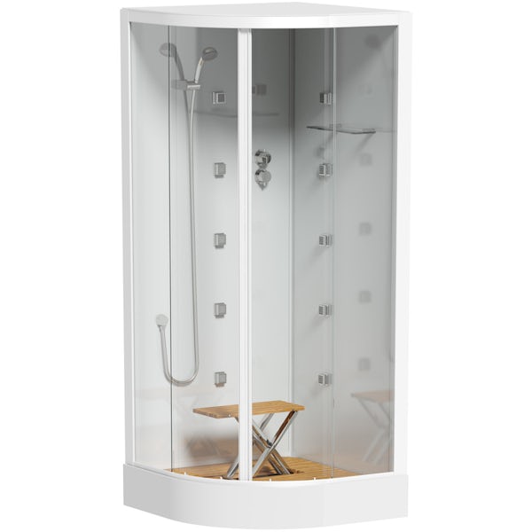 Mode quadrant white glass backed hydro massage shower cabin with wood effect floor and seat 900 x 900