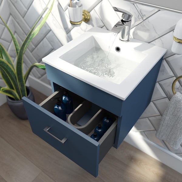 Orchard Lea ocean blue wall hung vanity unit 420mm and Derwent square close coupled toilet suite