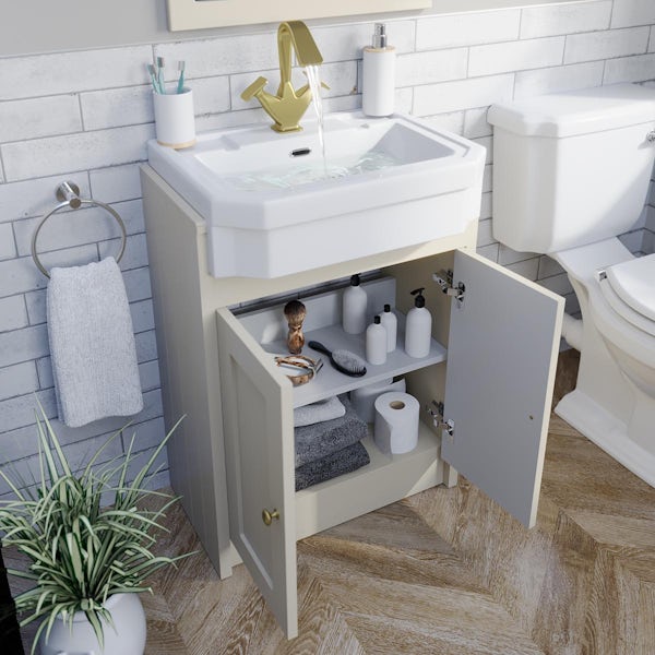 Orchard Dulwich stone ivory floorstanding vanity unit and Eton semi recessed basin 600mm - brushed brass