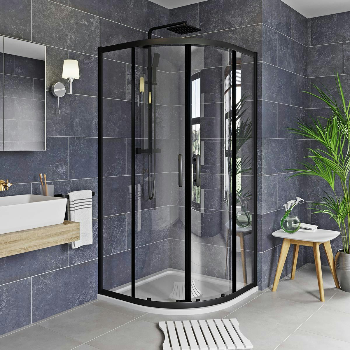 Orchard 6mm matt black 6mm quadrant shower enclosure with stone tray ...