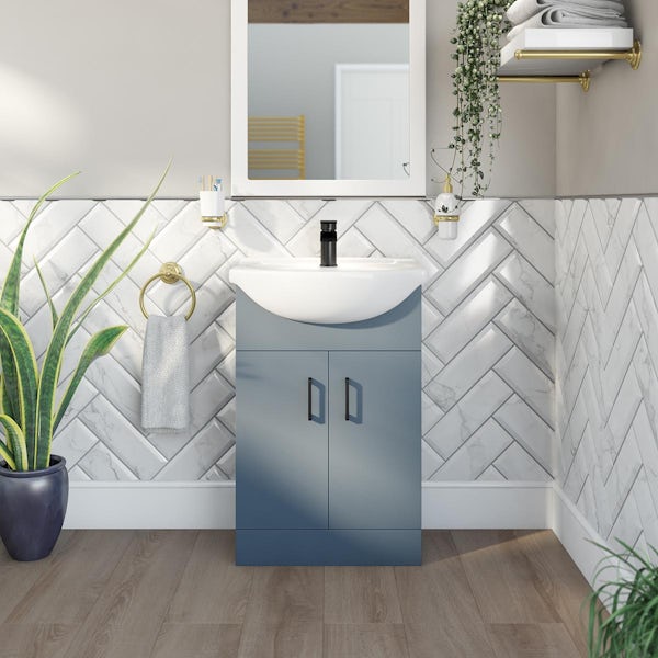 Orchard Lea ocean blue floorstanding vanity unit with black handle and ceramic basin 550mm
