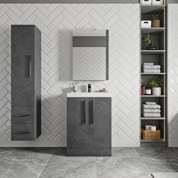 Orchard Kemp riven grey floorstanding vanity unit with black handles and basin 600mm with tap