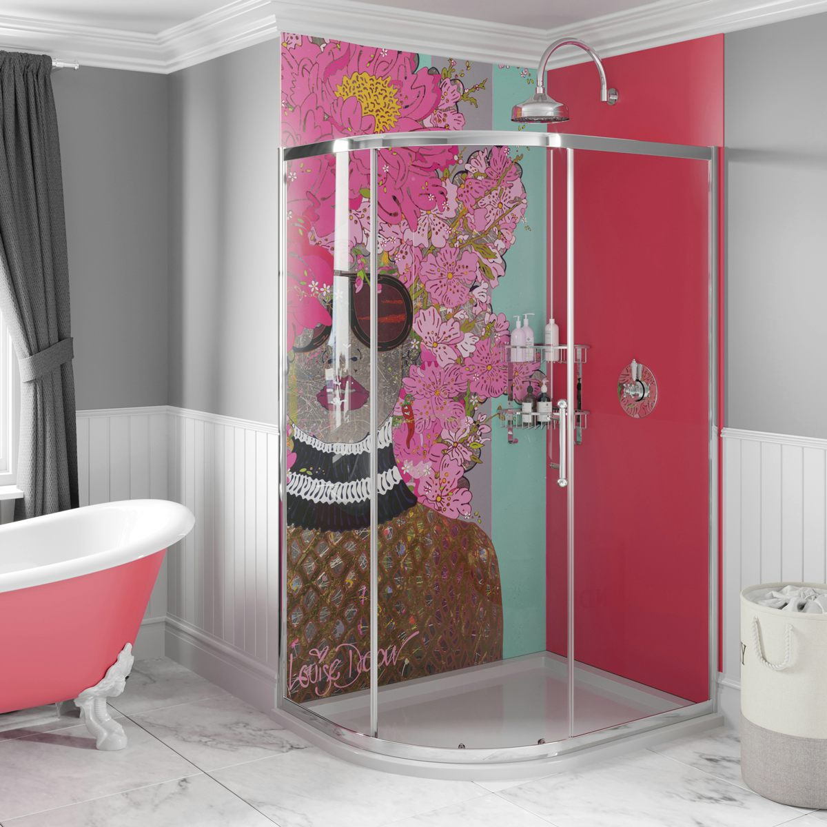 Louise Dear Kiss Kiss Bam Bam Hot Pink acrylic shower wall panel pack with left handed offset quadrant enclosure