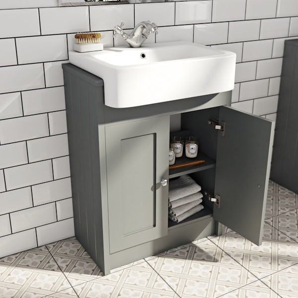 The Bath Co. Dulwich stone grey floorstanding vanity unit and ceramic semi recessed basin 600mm with tap