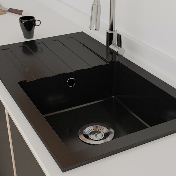 Schon Arola Obsidian black 1.0 bowl reversible kitchen sink with Schon dual lever kitchen tap