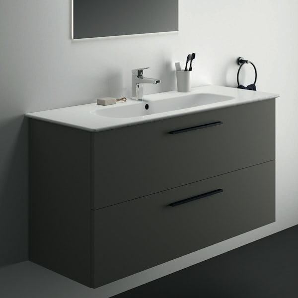 Ideal Standard i.life A quartz grey matt wall hung vanity unit with 2 drawers and black handles 1240mm