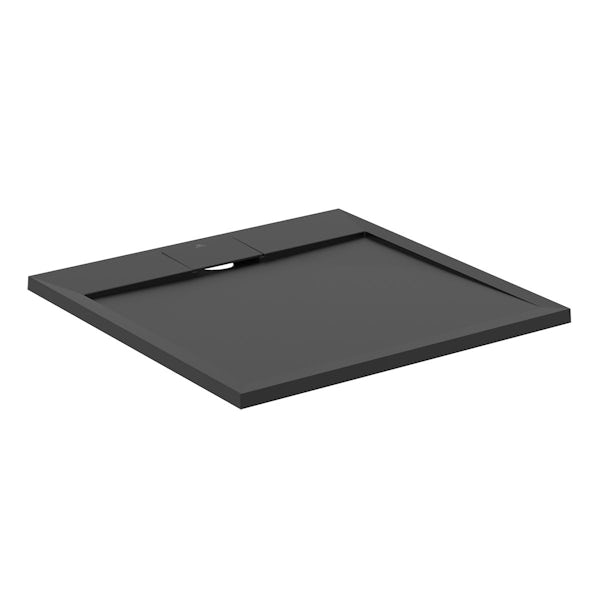 Ideal Standard ultra flat i.life S 800mm x 800mm square shower tray in black with Idealite top access waste and trap