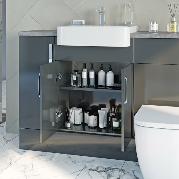 Mode Nouvel gloss grey small fitted furniture & storage combination with white marble worktop