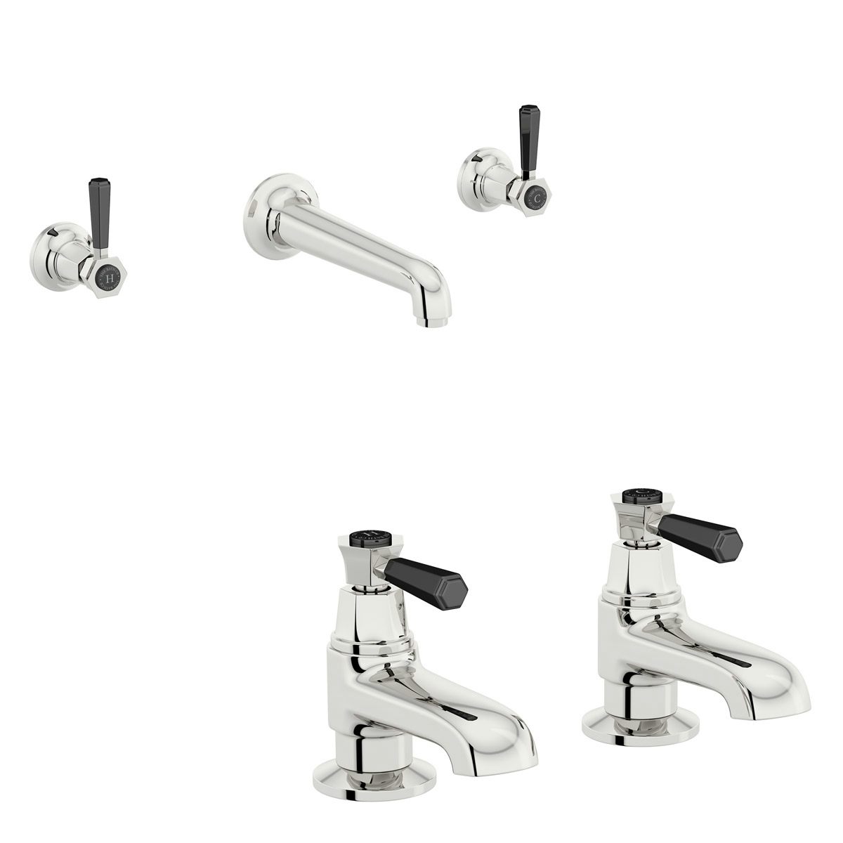The Bath Co. Beaumont lever wall mounted basin mixer and bath pillar tap pack