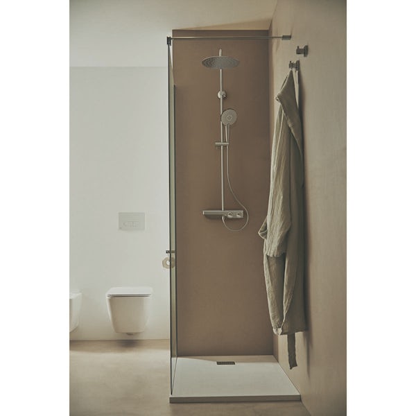 Ideal Standard Ceratherm S200 shower system with rail mounted handset and exposed thermostatic mixer shelf