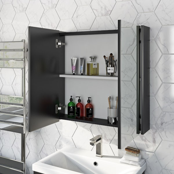 Mode Tate anthracite black & oak wall hung vanity unit 600mm with mirror