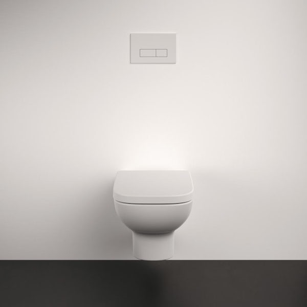 Ideal Standard i.life A rimless wall hung toilet with slow close seat, ProSys wall frame and chrome flush plate