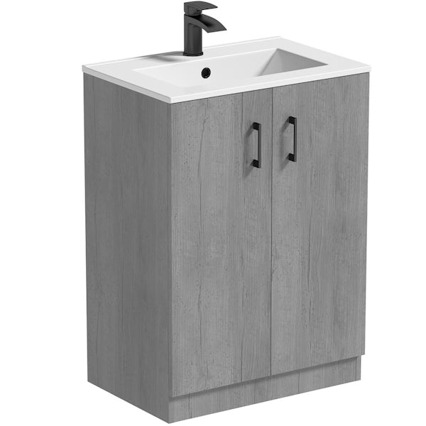 Orchard Lea concrete floorstanding vanity unit with black handle 600mm and Derwent square close coupled toilet suite