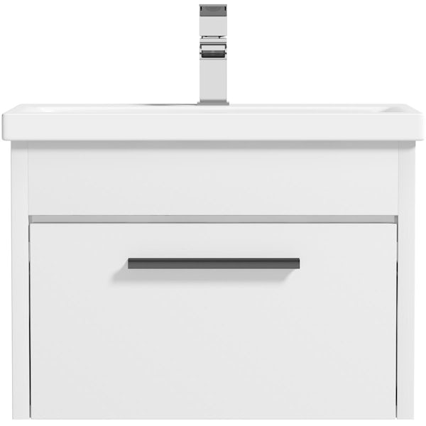 Clarity white wall hung vanity unit with black handle and ceramic basin 600mm