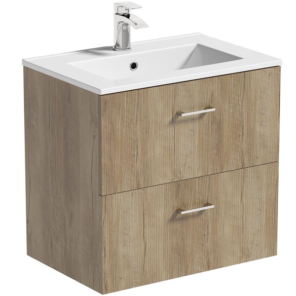Orchard Lea oak wall hung vanity unit 600mm and Derwent square close coupled toilet suite