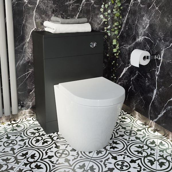 Orchard Lea soft black slimline back to wall unit 500mm and Contemporary back to wall toilet with seat