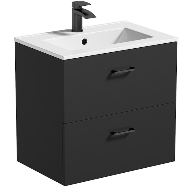 Orchard Lea soft black wall hung vanity unit with black handle and ceramic basin 600mm