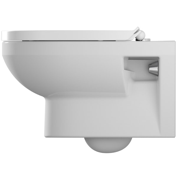 Duravit Durastyle Basic rimless wall hung toilet with soft close seat, wall mounting frame with push plate cistern