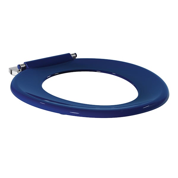 Armitage Shanks Bakasan blue toilet seat with stainless steel rod and chrome plated pillar hinges - no cover