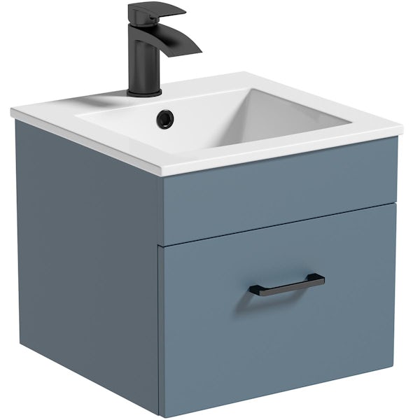 Orchard Lea ocean blue wall hung vanity unit with black handle 420mm and Derwent square close coupled toilet suite