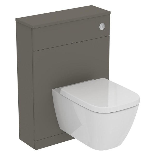 Ideal Standard i.life S quartz grey matt back to wall unit with rimless wall hung toilet and concealed cistern and support brackets
