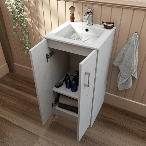 Orchard Lea marble floorstanding vanity unit 420mm and Derwent square close coupled toilet suite