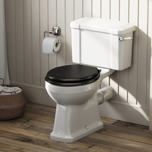 Camberley close coupled toilet with wooden soft close seat black