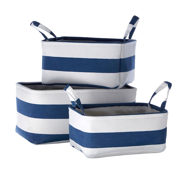 Set of 3 navy striped fabric storage baskets