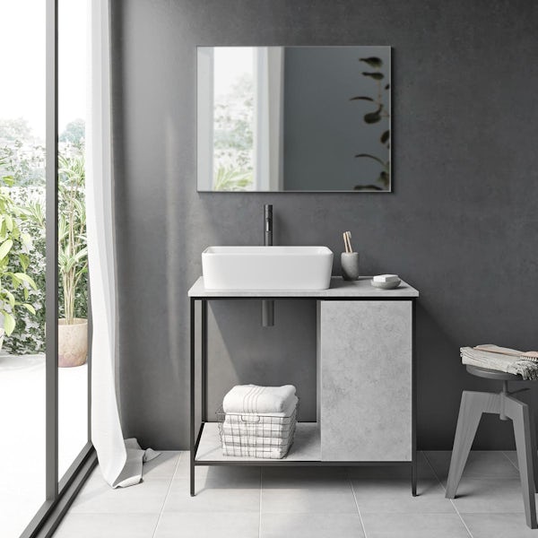 Mode Bergne dark concrete grey washstand and black steel frame 812mm with Ellis countertop basin, tap, waste and trap