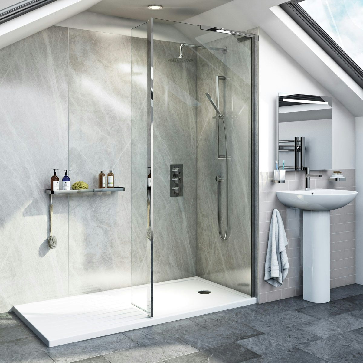 Mode 8mm walk in right handed shower enclosure pack with hinged return panel and walk in shower tray 1400 x 900