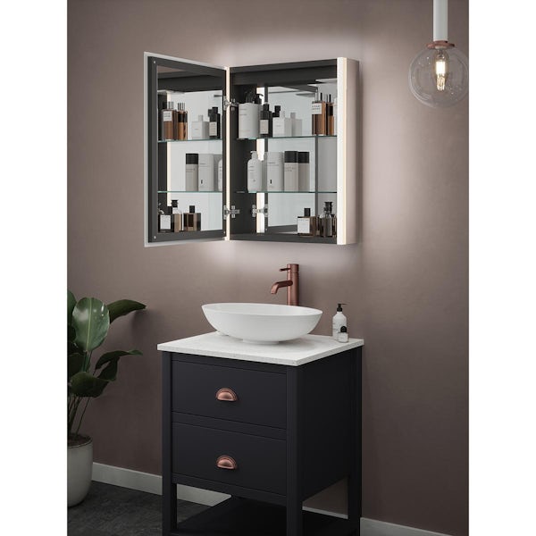 Mode Hughes black LED illuminated mirror cabinet 700 x 550mm with demister, charging socket & bluetooth speakers