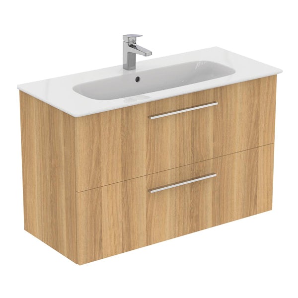 Ideal Standard i.life A natural oak wall hung vanity unit with 2 drawers and brushed chrome handles 1040mm