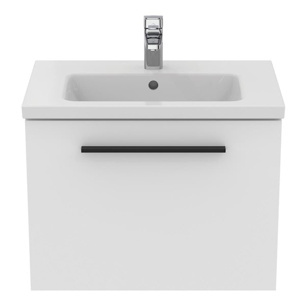 Ideal Standard i.life S matt white wall hung vanity unit with 1 drawer and black handle 600mm