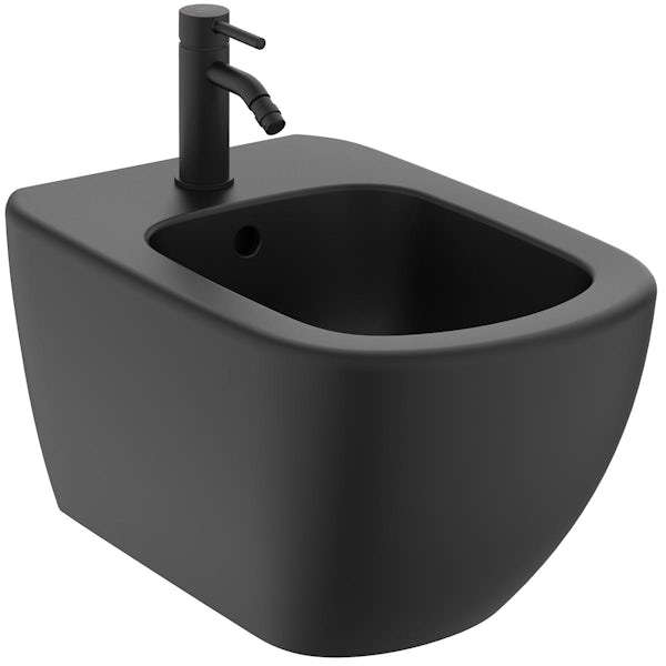 Ideal Standard Tesi silk black wall hung bidet with Ceraline tap and waste